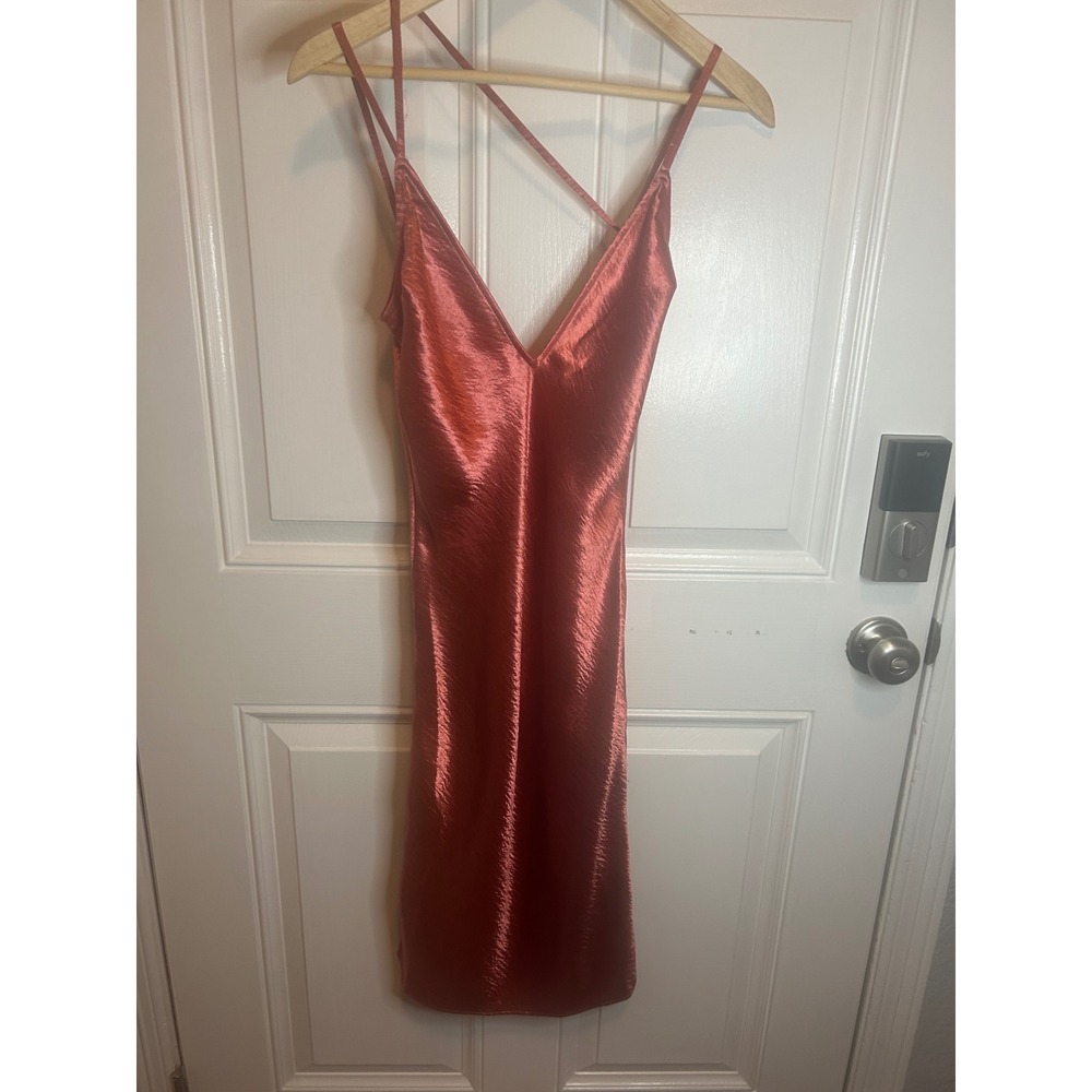 Express Slip Dress Rust Orange Satin Multi-Strap V-Neck Midi Cocktail Gown